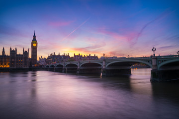 Westminster Bridge and Big Ben at sunset in London. United Kingdom
