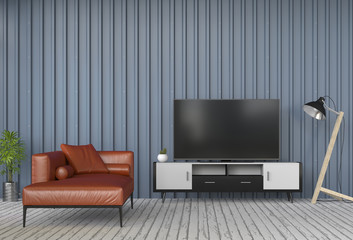 3D rendering of interior modern living room with metal sheet wall, Smart TV, cabinet, and decorations.