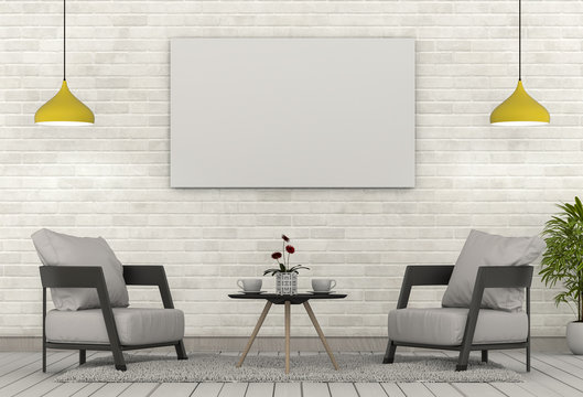 3D rendering of living Room Interior with sideboard, plants, cabinet, bookshelf and mockup blank poster on a wall 