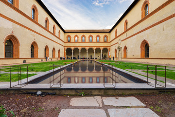 Internal court of the medieval Castello castle in Milan