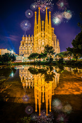 Fireworks show at La Sagrada Familia cathedral in Barcelona. Spain