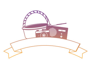 picnic basket with photographic camera and radio with decorative ribbon over white background, vector illustration