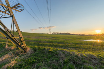 Meadow and electric tower at sunset
