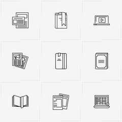 Reading line icon set with newspaper, magazines and laptop