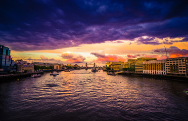 Skyline of London at sunset overlooking Tower Bridge