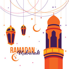 Ramadan Mubarak Greeting Card design with Tower Mosque, lantern, and half moon vector Illustration. Ramadan Mubarak Greeting Card Background. Tower Mosque and Lantern flat Illustration.