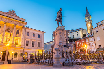 Spectacular evening view of Tartini Square in old town Piran in Slovenia. Traveling concept....
