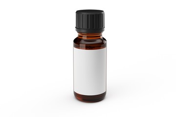 Brown medicine glass dropper bottle with white label isolated