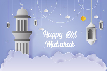 Happy Eid Mubarak Greeting card design with tower mosque and lantern vector Illustration. Happy Eid Mubarak Kareem Greeting Background. Paper art and Craft Style. Tower Mosque. Lantern.