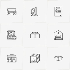 Real Estate line icon set with window dimensions , box and real estate contract