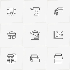 Real Estate line icon set with real estate market , swimming pool ladder and box