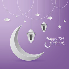 Happy Eid Mubarak Greeting Card design with Lantern and Half Moon vector Illustration. Happy Eid Mubarak Greeting Card Background. Lantern Paper Art Illustration. Paper art and Craft Style.