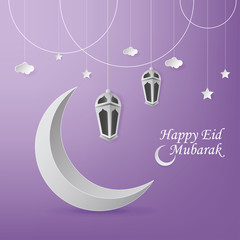 Happy Eid Mubarak Greeting Card design with Lantern and Half Moon vector Illustration. Happy Eid Mubarak Greeting Card Background. Lantern Paper Art Illustration. Paper art and Craft Style.
