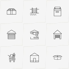 Real Estate line icon set with house, drill  and swimming pool ladder