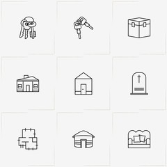 Real Estate line icon set with house plan , box and sofa