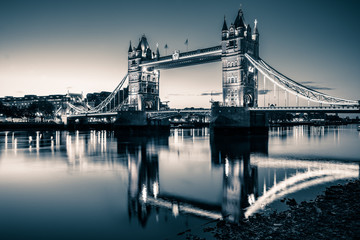 Tower Bridge in black and white colours in London. England 