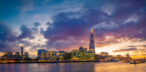 Skyline panorama of London at colourful sunset 