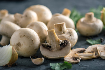 Fresh Champions, green dill and ingredients on the dark kitchen table. Concept of cooking mushroom dishes. Close up