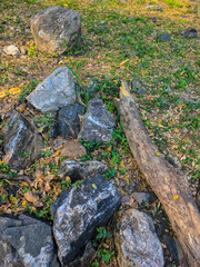 Stone and log on grass in garden