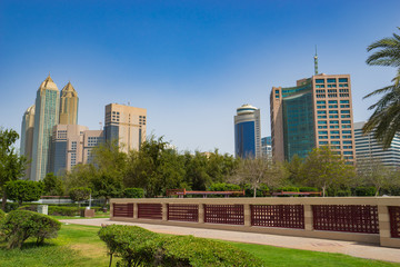 Fototapeta na wymiar Downtown of Abu Dhabi seen from city park, United Emirates 