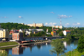 Fototapeta na wymiar Waterfront panorama of boulevard in Gorzow Wielkopolski at sunny summer day 