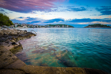 Scenic coast line of town Hvar at sunset, Dalmatia, Croatia