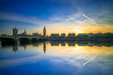 Panorama of Westminster Palace and Big Ben at dusk in London,UK