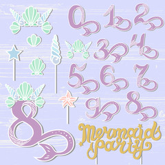Vector set with Mermaid Party text, Sea Shell Crown, numbers. Mermaid Party lettering as patch, stick cake toppers, laser cut plastic, wooden toppers. Design elements for Baby birth, Birthday party