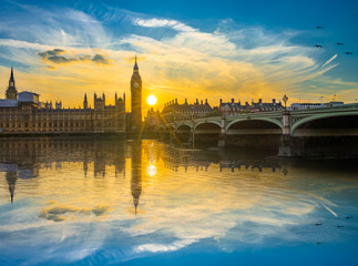 Big Ben at sunset with sun flare