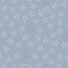 moon and stars on blue vector seamless pattern