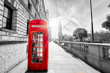 Vintage view of red telephone box and Big Ben