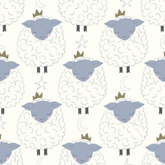 vector sleepy sheep with crowns seamless repeat pattern - 211343236