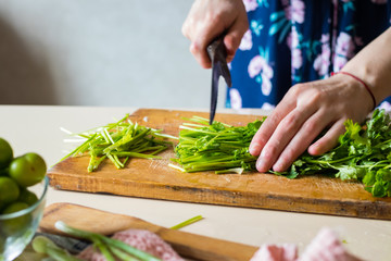 Woman hands cuts fresh herbs on wooden board preparing salad or lunch and dinner.  Raw vegan vegetarian healthy food. 