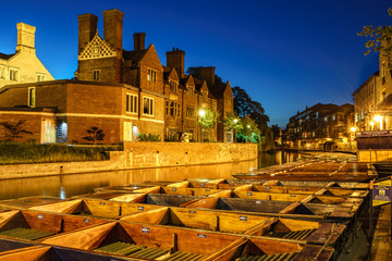 Punts on the River Cam - Cambridge town center at night, England