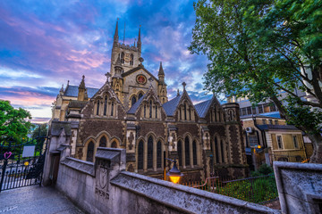 Southwark Cathedral with sunset sky, London, UK