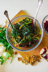 Cooked boiled beetroot leaves and sprouts as part of Georgian traditional food meal pkhali. Cooked as appetizer. Vegan vegetarian healthy food.