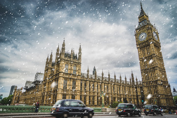 Westminster and Big Ben in London with falling snow 