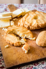 Mchadi - traditional Georgian cornbread traditionally eaten with lobio, suluguni cow cheese and beetroot pkhali appetizer with walnuts and spinach. Vegan vegetarian healthy food for lunch or dinner