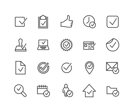 Simple Set of Approve Related Vector Line Icons. Contains such Icons as Thumbs up, Stamp, Check List and more. Editable Stroke. 48x48 Pixel Perfect.