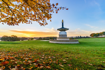 Peace Pagoda temple at sunrise in Willen Park, Milton Keynes, UK