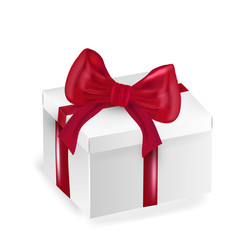 White square paper box with a red ribbons. Empty packaging.