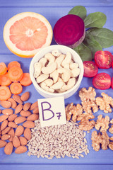 Vintage photo, Nutritious products containing vitamin B7 and dietary fiber, healthy nutrition