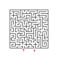 Black square maze with entrance and exit. A game for children and adults. Simple flat vector illustration isolated on white background.