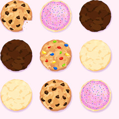 Seamless repeating background of chocolate chip, icing and sprinkles, fudge, candy, and sugar cookies on a pastel pink background
