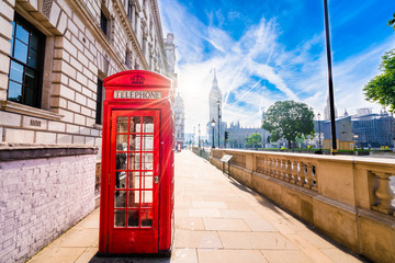 Traditional red British telephone booth in London 