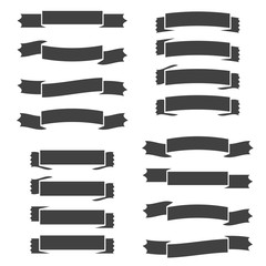 Obraz premium Set of silhouettes of black curved isolated ribbons banners on white background. Simple flat vector illustration. With space for text. Suitable for infographics, design, advertising, holidays, labels.