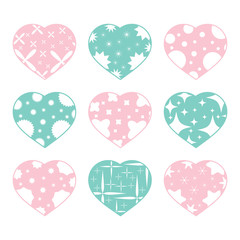 Set of color hearts isolated on white background. With abstract pattern. Simple flat vector illustration. Suitable for greeting card, weddings, holidays, sites.