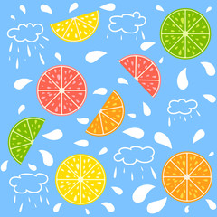 Set of halves of colored isolated appetizing citrus fruits with white drops on a blue background. Juicy, bright, delicious tropical food. Lime, lemon, grapefruit, orange. 