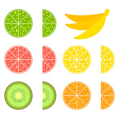 A set of colored isolated halves of mouth-watering fruits. Juicy, bright, delicious tropical food. Lime, lemon, grapefruit, orange, kiwi, a bunch of bananas. Simple flat vector illustration.