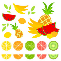A set of colored isolated halves of mouth-watering fruits. Juicy, bright, delicious tropical food. Lime, lemon, grapefruit, orange, kiwi, a bunch of bananas, ineapple. Simple flat vector illustration.